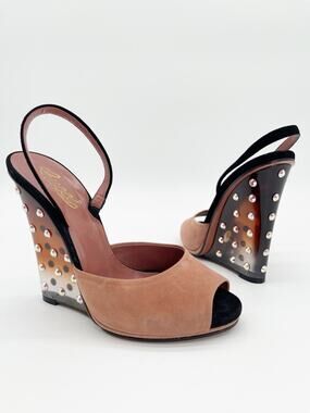 Gucci Vintage Blush Suede Swarovski Crystal Lucite Ombre Wedge Sandals IT 37.5